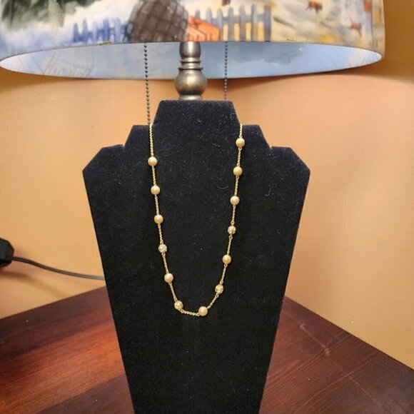 Nolan Miller Glamour Collection Goldtone Faux Pearl Rhinestone Necklace - Picture 2 of 3